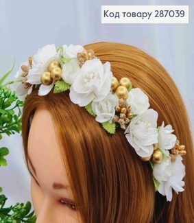 Обруч-венчик, плетеный, Розы с Золотым приложением, КРЕМОВОГО цвета, ручная работа, Украина. 287039 фото