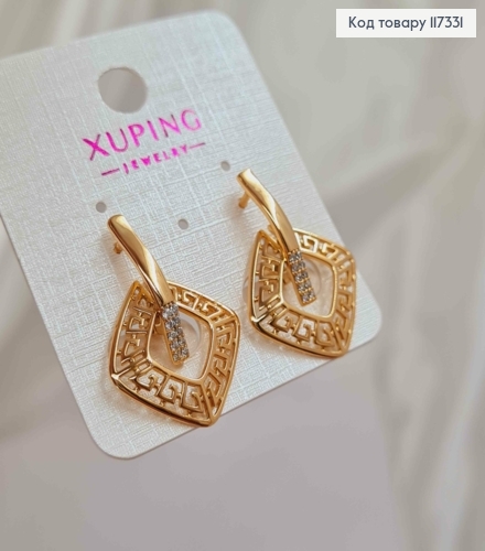 Серьги с камешками и квадратной подвижной подвеской Versace, длина 2,7см, англ застежка, Xuping 18К 117331 фото 2