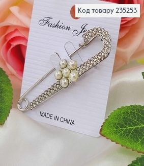 Брошь металл, Булавка серебряного цвета, с цветком, в камнях 7,5см 235253 фото