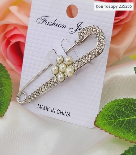 Брошь металл, Булавка серебряного цвета, с цветком, в камнях 7,5см 235253 фото 1