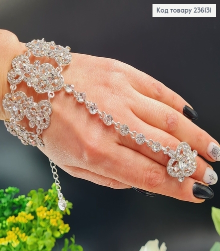 Бижутерия на руку браслет соединенный с кольцом серебряный с камнями 296010 фото 1