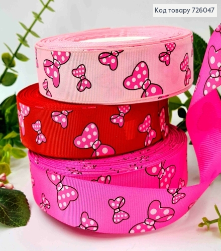 Лента репсовая, КРАСНАЯ/РОЗОВАЯ с принтом "БАНТИК" (в ассорт), шир 2,5см, длина 25 ярдов(23м) 726047 фото 1