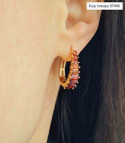 Серьги овальные, с камешками в один ряд Красного цвета, длина 1,9см, XUPING 18K 117446 фото 1