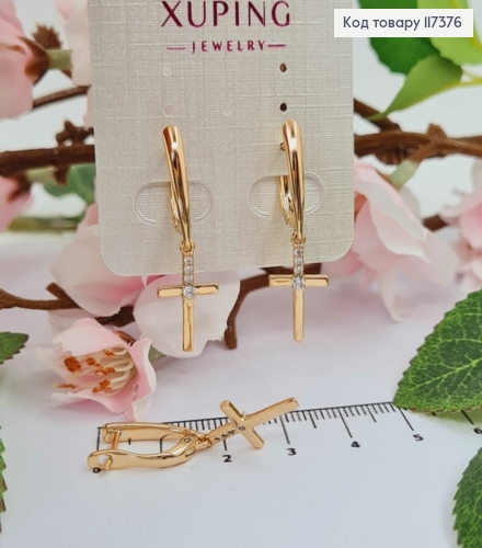 Серьги с подвесным крестиком с камешками, длина 1,7+1,6*1см, англ застежка, XUPING 18K 117376 фото 1