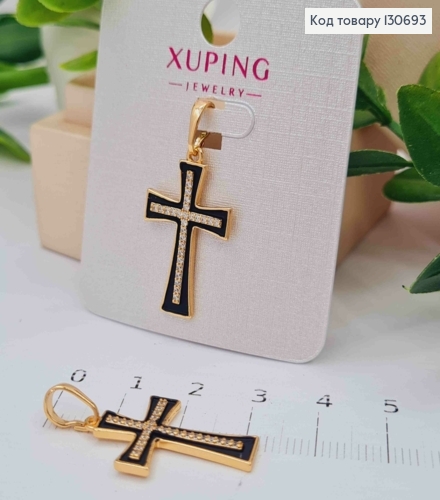 Крестик с Черной эмалью украшен Блестящими камешками, 2,5*1,5см, Xuping 18К 130693 фото 1