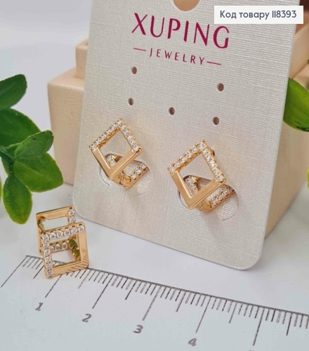 Серьги кольца "Ромбы" украшены Блестящими камешками, 1,2*1,2см, Xuping 18К 118393 фото 3