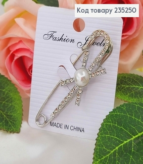 Брошь металл, Булавка серебряного цвета, в камешках с жемчужиной 7см 235250 фото