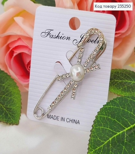 Брошь металл, Булавка серебряного цвета, в камешках с жемчужиной 7см 235250 фото 1