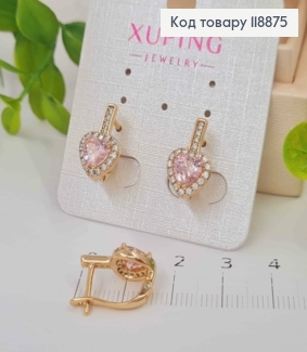 Сережки "Гаряче Серце" з Рожевим каменем в оправі з камінців, 1,6см, англійська застібка, Xuping 18К 118875 фото