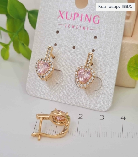 Серьги "Горячее Сердце" с Розовым камнем в оправе из камней, 1,6см, английская застежка, Xuping 18К 118875 фото 1