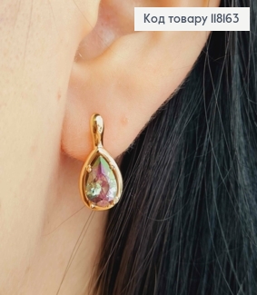 Серьги "Капелька Надежды" с Фиолетово-Зеленым камнем Хамелеоном, 1,75см, англ застежка, Xuping 18K 118163 фото