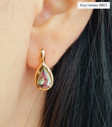 Серьги "Капелька Надежды" с Фиолетово-Зеленым камнем Хамелеоном, 1,75см, англ застежка, Xuping 18K 118163 фото 1