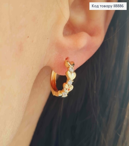 Сережки кільця прикрашені Серцями та Блискучими камінцями, діаметр 1,6см, Xuping 18K 118886 фото 2