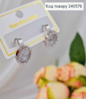 Серьги кольца 1см, Римские часы с белой эмалью, серебряного цвета, Stainless Steel 260049 фото