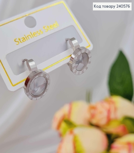 Серьги кольца 1см, Римские часы с белой эмалью, серебряного цвета, Stainless Steel 260049 фото 1