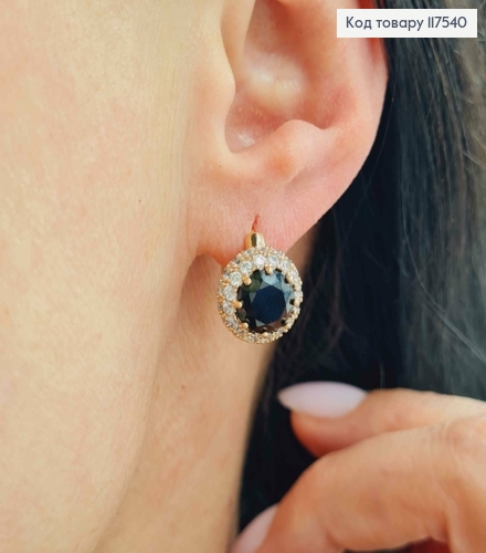 Серьги кольца с Большим Черным Камнем в оправе из камешков, 1,6см, Xuping 18K 117540 фото 2