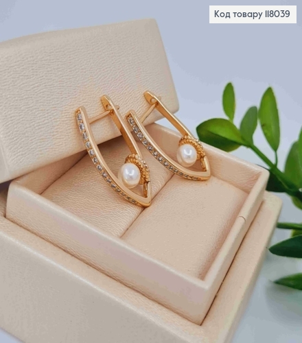 Серьги стрелы с Камешками и Жемчужкой внутри, 2,5см, английская застежка, Xuping 18K 118039 фото 1