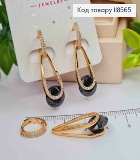 Сережки кільця (1,3см) зі змінною підвіскою Яскравий Чорний Камінець (2,7см), Xuping 18К 118565 фото