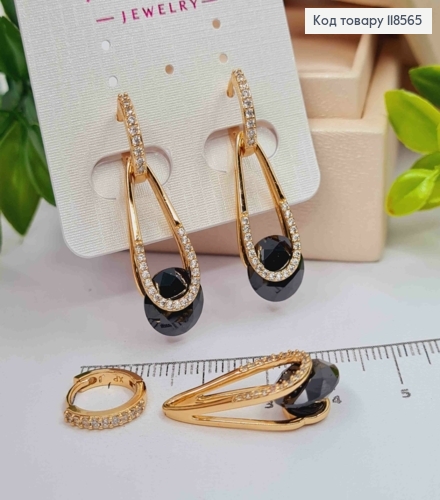 Серьги кольца (1,3см) со сменной  подвеской Яркий Черный Каменец (2,7см), Xuping 18К 118565 фото 1