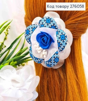 Резинка Бант цветочек в голубом орнаменте с цветочками по центру, ручная робота Украина 276058 фото