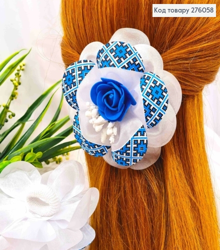 Резинка Бант цветочек в голубом орнаменте с цветочками по центру, ручная робота Украина 276058 фото 1