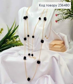 Біжутерія на шию подвійна з Чорними квадратними бусинами,  90+4см, Золото кольору 236480 фото