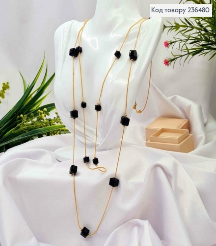 Бижутерия на шею двойная с черными квадратными бусинами, 90+4см, Золото цвета. 236480 фото 1
