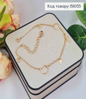 Браслет на ногу, якорное петление, с подвесками Овал+Монетка, 22+5см, Xuping 18K 151055 фото