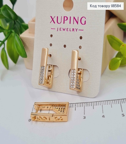 Серьги "Прямоугольные" украшены блестящими камнями, 2см, английская застежка, Xuping 18К. 118584 фото 1