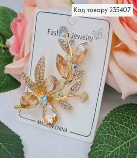 Брошь, "Цветок на веточке" с кремовыми камешками, 6,5см, Золотого цвета 235407 фото