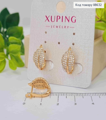 Серьги "Листочек" украшены Блестящими камешками, 1,5см, английская застежка, Xuping 18К 118632 фото 1