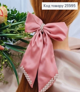 Заколка (7,5см) БАНТ РОЗОВОГО цвета с Бусинками, легкий атлас, размер 12*17см, Украина. 255195 фото