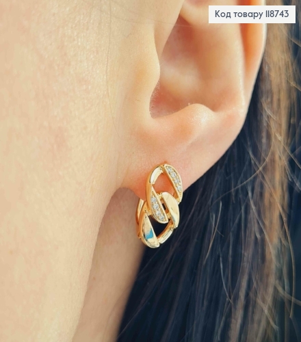 Сережки "Ланки" прикрашені Блискучим камінням, 1,5см, англійська застібка, Xuping 18K 118743 фото 2