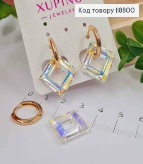 Сережки кільця з Квадратним підвісним каменем Сваровскі Хамелеон (2см),  діаметр 1,5см, Xuping 18К 118800 фото
