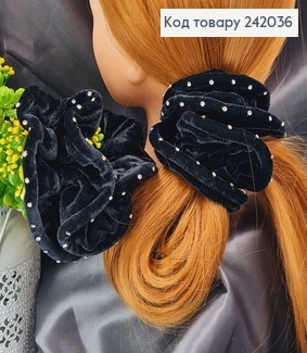 Резинка велюр  об'ємна чорна з камінцями 242036 фото