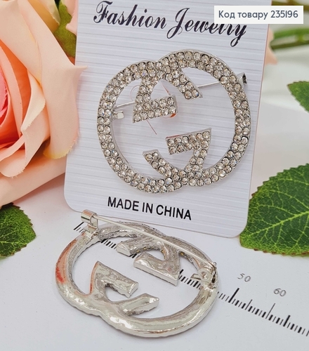 Брошка Гуччі, срібного кольору, в камінцях, 4,3см 235196 фото 1