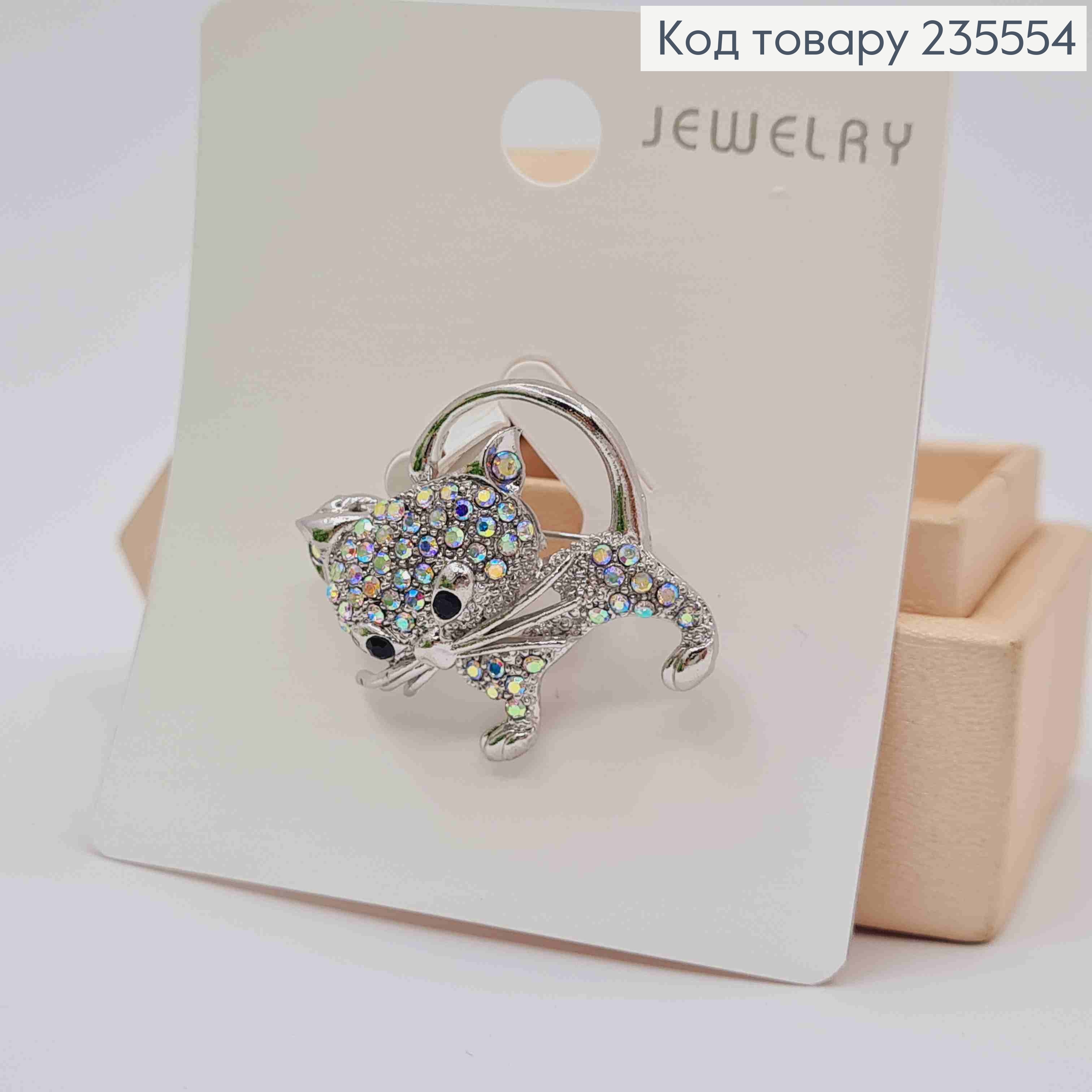 Брошь "Котик" украшена Блестящими камешками Хамелеон, Серебряного цвета, 3,2*2,7см 235554 фото 2