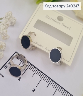 Серёжки кольца 1.0 см Круг с чёрной эмалью, цвет серебряные, Stainless Steel 240247 фото