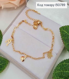 Браслет на ногу, с подвесками сердечком, нотой и ладошкой, дл. 23+4см, Xuping 18К 150789 фото