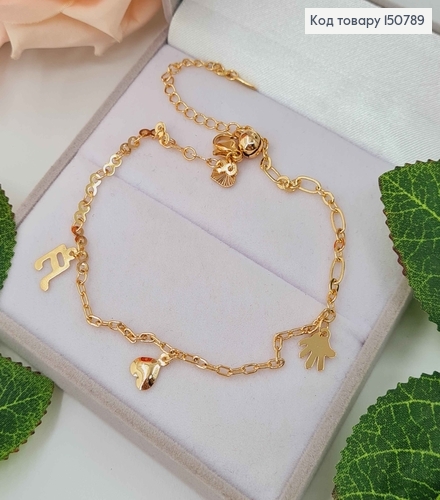 Браслет на ногу, с подвесками сердечком, нотой и ладошкой, дл. 23+4см, Xuping 18К 150789 фото 1
