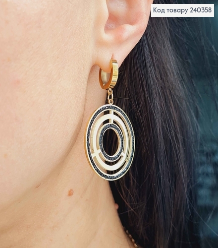 Серьги кольца, пластинка Лабиринты, лимонный цвет с черной эмалью, сталь Stainless Steel 260014 фото 3