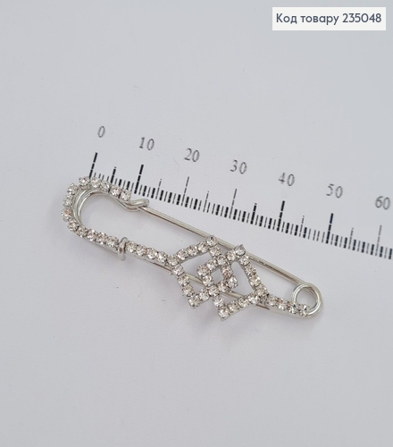 Брошь металл серебряная Булавказ квадратиками и камешками 235048 фото 1