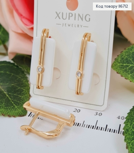 Серьги "Венера" с белой пластинкой и камешком, 2,5см, англ. зам. Xuping 18K 116712 фото 2