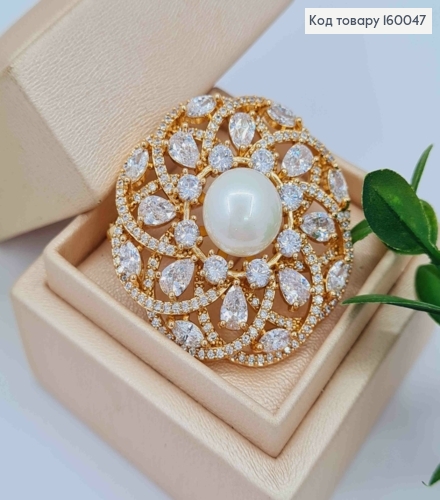 Брошка "Ажурний віночок" прикрашена Блискучими камінцями та Прлинкою, 3,9см, Xuping 18к 160047 фото 2