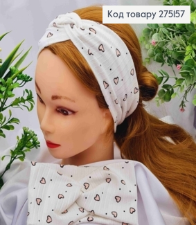 Пов'язка чалма дитяча, БІЛОГО кольору з принтом "Серце", діаметр 36*9см, ручна робота, Україна 275157 фото