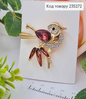 Брошка  ПТАШКА  З камінцями БОРДОВОГО кольору 4,5*4,5см 235272 фото
