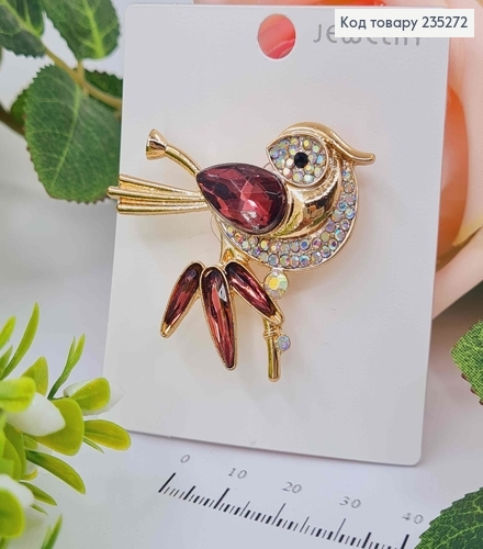 Брошь ПТИЦА С камешками БОРДОВОГО цвета 4,5*4,5см 235272 фото 1