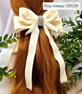 Бант с камешками, АЙВОРИ, бархатный, на заколке автоматик, размер 17*20см 255228 фото