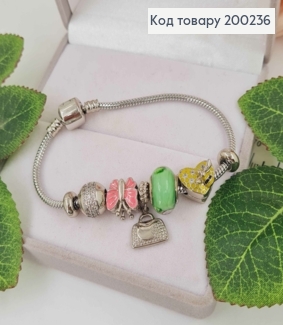 Браслет "Пандора" з Зеленим шармиком з трояндами та рожевим метеликом, довж 18см. Xuping 18К 200236 фото