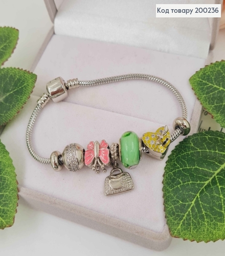 Браслет "Пандора" с зеленым шармиком с розами и розовой бабочкой, длиной 18см. Xuping 18К 200236 фото 1